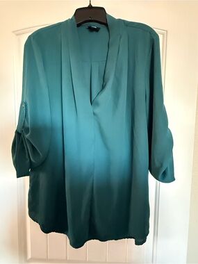 Longline Teal V-Neck Tunic Top with Roll-Tab Sleeves
